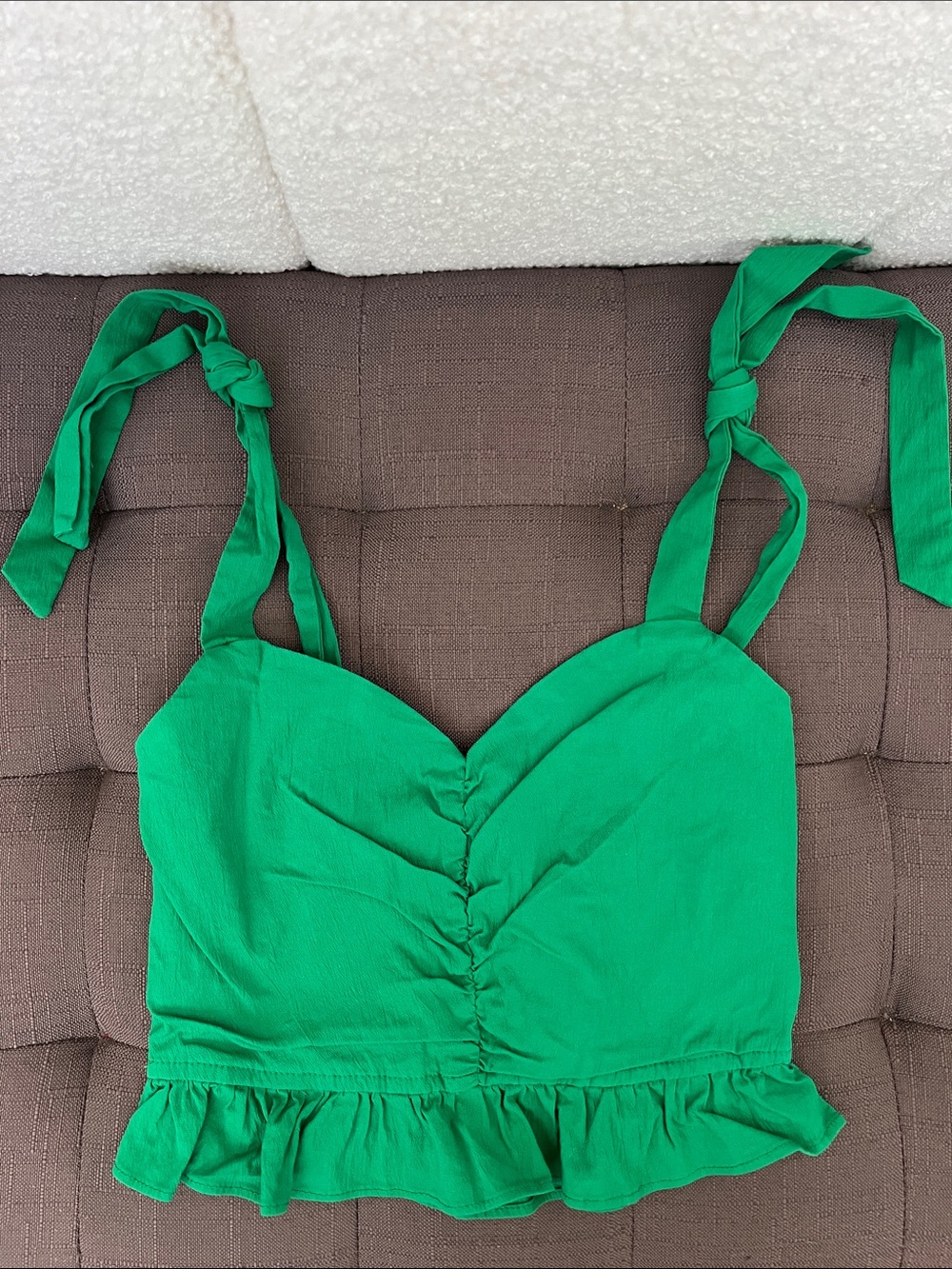 ELA Green Smocked Crop Top w/ Adjustable Ties ~ XS